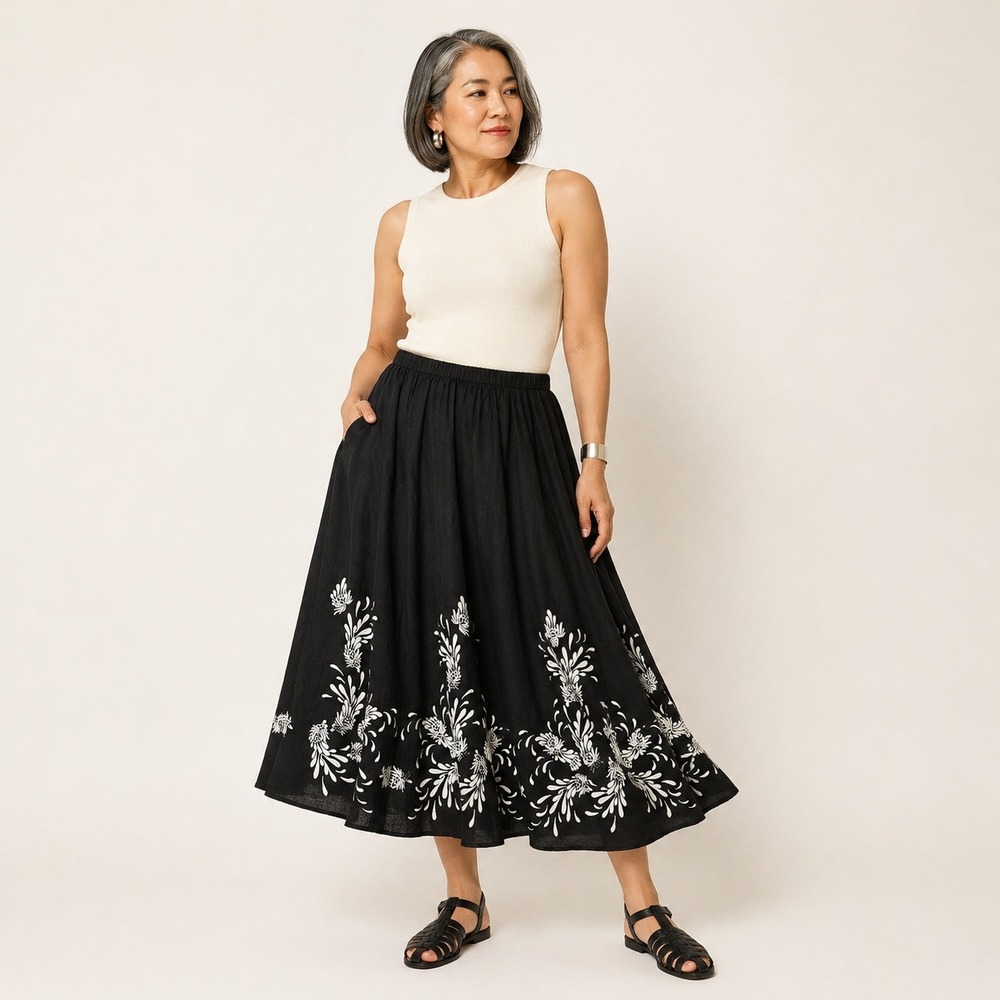 Peter Nygard Linen Embroidered Skirt XL Black Floral Lagenlook Artsy 3410978W